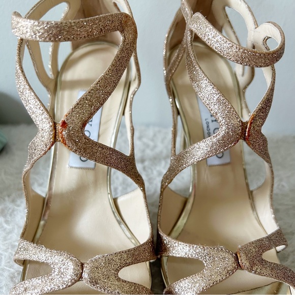 Jimmy Choo Leslie Gold Champagne Glitter Strappy Caged Heels Sandals Size EU 38 - Picture 11 of 14